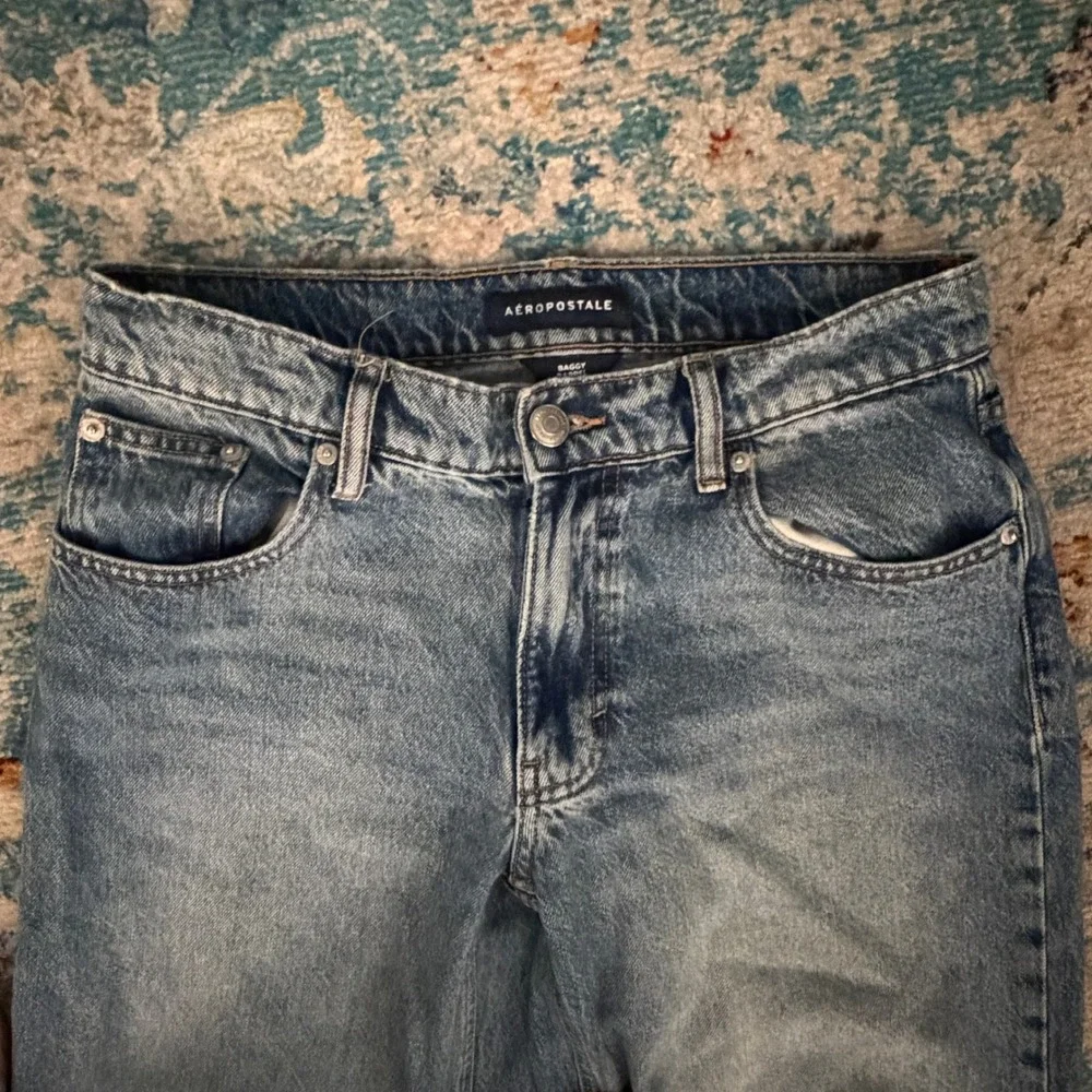 Aeropostale Baggy Barrel Jeans Womens 0 Short Blue Good High Rise Wide Leg Denim